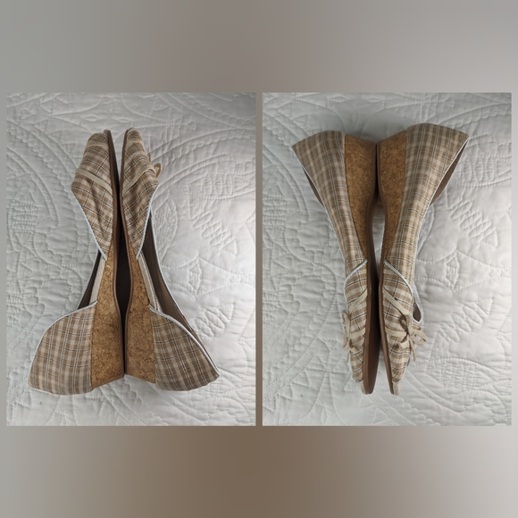 Mudd | Stacy | Cream & Tan Plaid Peep Toe Mini Wedges | Women's Size 9 - Picture 3 of 4